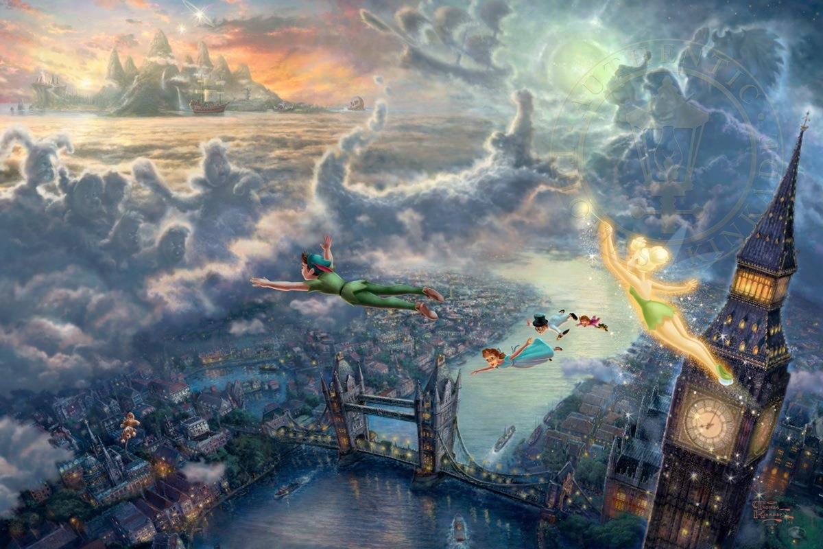 Tinkerbell und Peter Pan fliegen nach Nimmerland Thomas Kinkade Ölgemälde
